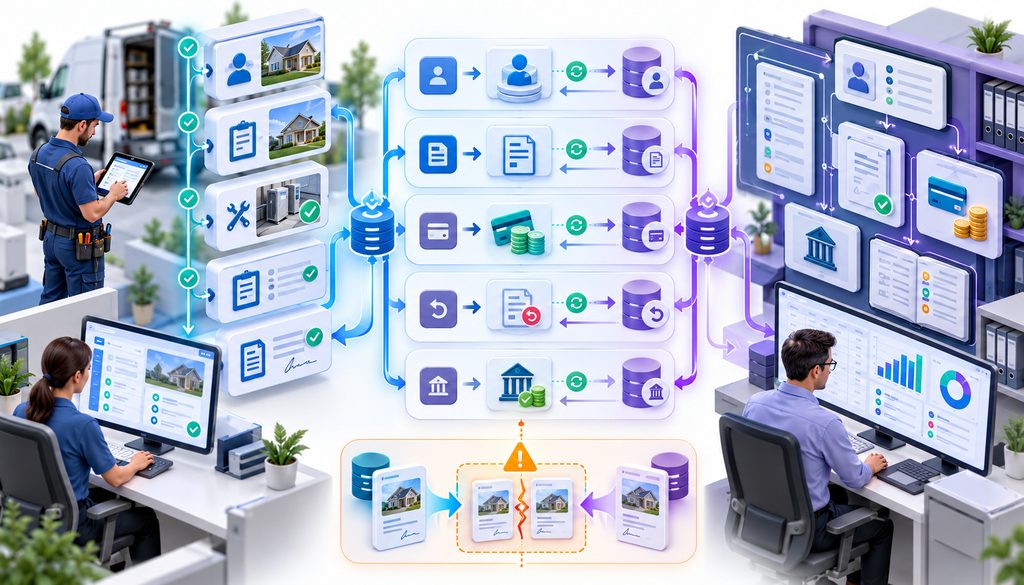 Field service accounting source of truth and sync direction